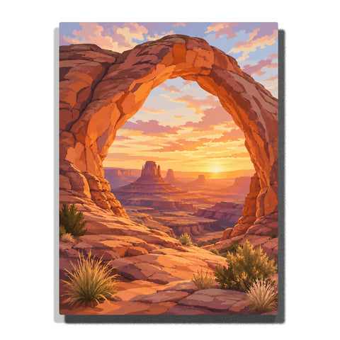 Arches National Park stone arch with desert canyon, sandstone cliffs, sunset sky, mesas and Southwest landscape scenery Paint by Numbers by PaintEasy
