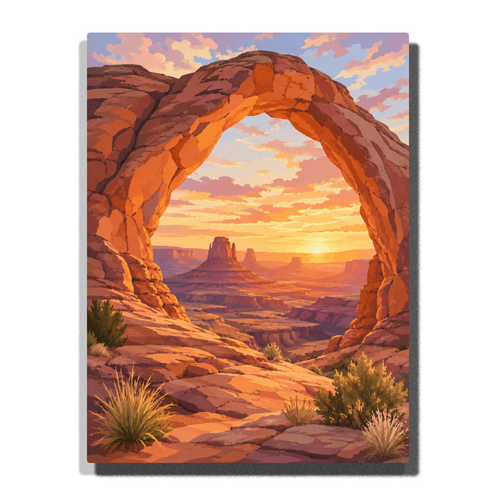 Arches National Park stone arch with desert canyon, sandstone cliffs, sunset sky, mesas and Southwest landscape scenery Paint by Numbers by PaintEasy