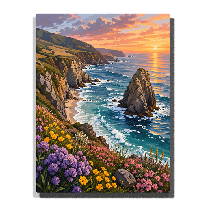 Pacific Coast national park cliffs with ocean waves, rocky sea stacks, wildflowers, green hills and sunset coastal landscape Paint by Numbers by PaintEasy