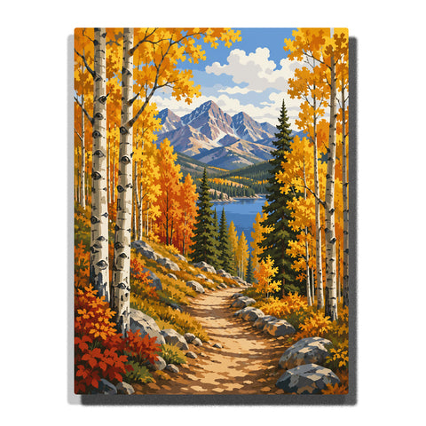 Rocky Mountain National Park autumn forest trail with golden aspen trees, alpine lake, mountain peaks and wilderness landscape Paint by Numbers by PaintEasy
