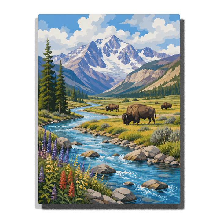Yellowstone National Park mountain valley with bison, flowing river, snow covered peaks, evergreen forest and wilderness landscape Paint by Numbers by PaintEasy
