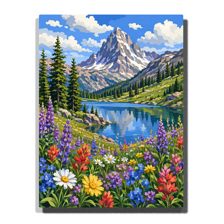 National park mountain lake landscape with snow covered peaks, wildflowers, evergreen forest, water reflections and alpine wilderness scenery Paint by Numbers by PaintEasy
