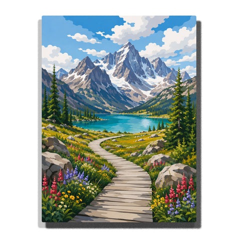 National park mountain trail with alpine lake, snowy peaks, evergreen forest, wildflowers, wooden path and wilderness landscape Paint by Numbers by PaintEasy