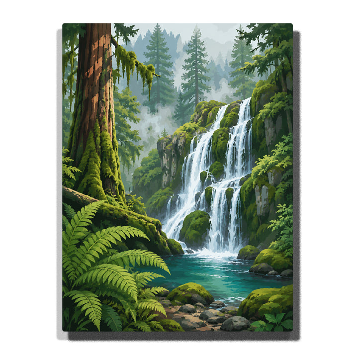 National park misty forest waterfall landscape with evergreen trees, lush ferns, mossy rocks, mountain stream and wilderness scenery Paint by Numbers by PaintEasy
