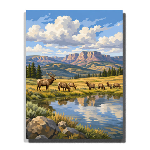 National park elk herd beside mountain lake with wildlife, evergreen forest, grasslands, rocky landscape and wilderness scenery Paint by Numbers by PaintEasy