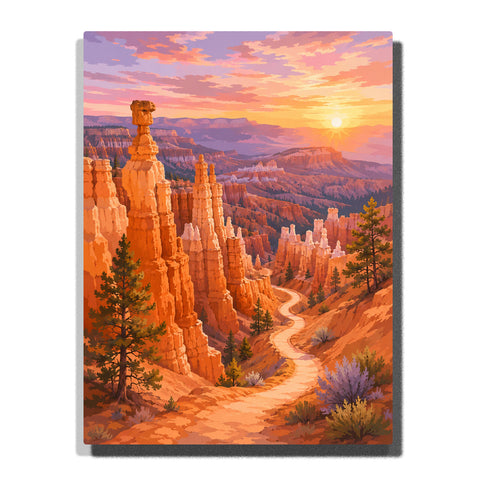 Bryce Canyon national park landscape with orange hoodoo rocks, desert trail, sunset sky, cliffs and wilderness scenery Paint by Numbers by PaintEasy