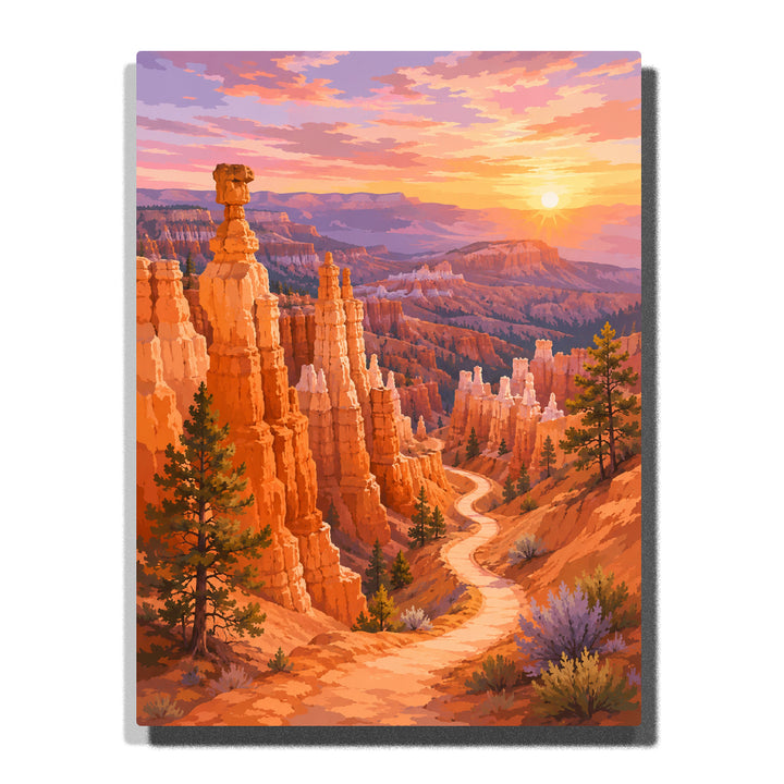 Bryce Canyon national park landscape with orange hoodoo rocks, desert trail, sunset sky, cliffs and wilderness scenery Paint by Numbers by PaintEasy