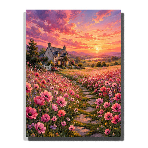 Stone Cottage Landscape Paint by Numbers For Adults featuring winding path through pink wildflower meadow, distant mountains and vibrant coral sunset sky