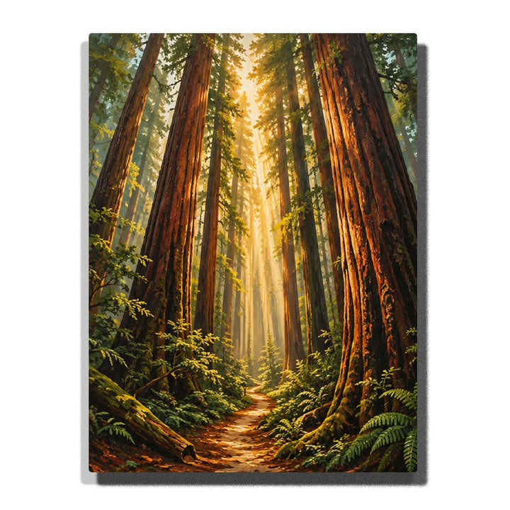 Towering Redwood Forest Paint by Numbers For Adults featuring giant reddish-brown trees, golden sunlight, winding woodland path, green ferns and lush forest foliage