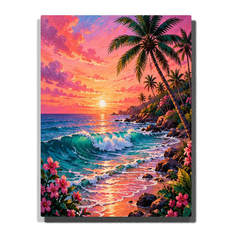 Tropical Ocean Sunset Paint by Numbers For Adults featuring turquoise waves, palm trees, rocky beach, pink tropical flowers and vibrant coral golden sky