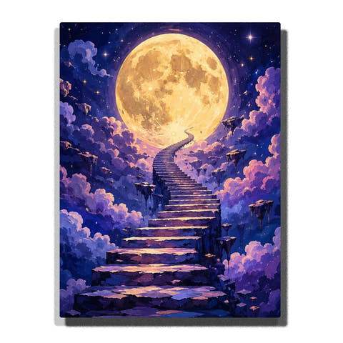 Stairway to Full Moon Paint by Numbers For Adults featuring winding stone steps through purple clouds toward a glowing golden moon in a starry night sky