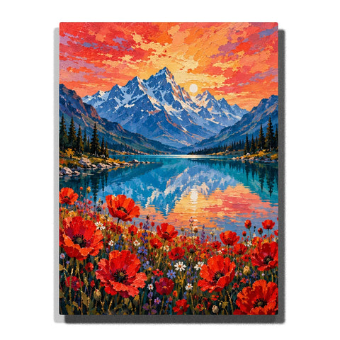 Red Poppy Meadow Paint by Numbers For Adults featuring scarlet wildflowers, reflective blue alpine lake, snow-capped mountains, evergreen forest and fiery sunset
