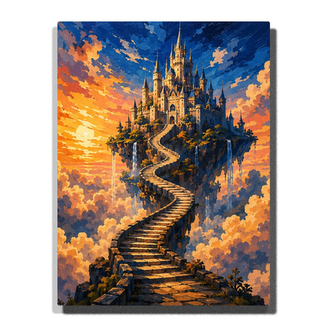 Paint by numbers fantasy castle on a floating island above golden clouds, with a winding stone staircase, cascading waterfalls, and a dramatic blue and orange sunset sky.
