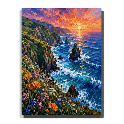 Wildflower Coastal Cliffs Paint by Numbers For Adults featuring orange and purple flowers, turquoise ocean waves, rugged sea stacks and vibrant sunset sky