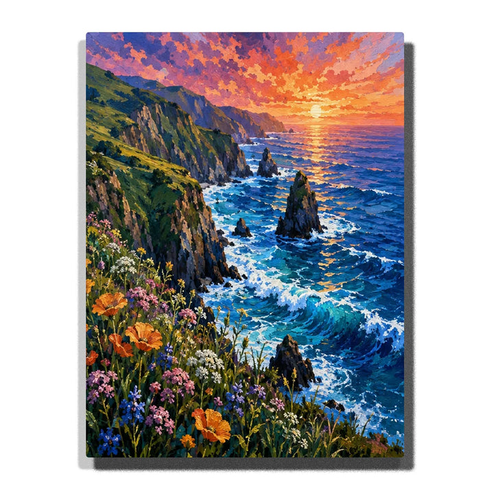 Wildflower Coastal Cliffs Paint by Numbers For Adults featuring orange and purple flowers, turquoise ocean waves, rugged sea stacks and vibrant sunset sky