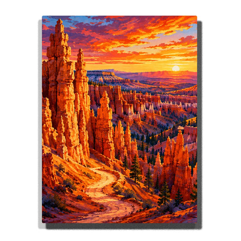 Bryce Canyon Paint by Numbers For Adults featuring towering orange hoodoos, winding canyon trail, evergreen trees and dramatic fiery sunset over layered rock formations