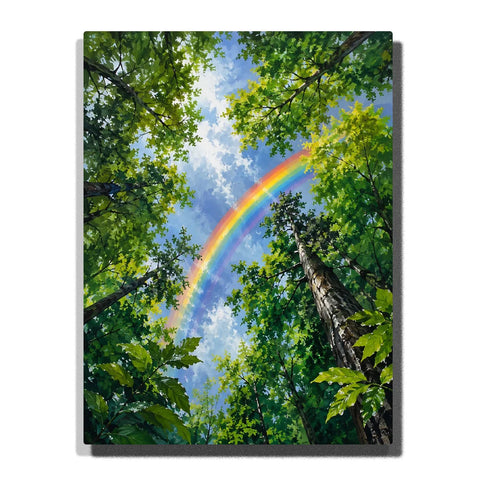 Rainbow Forest Paint by Numbers For Adults featuring colorful rainbow across blue sky viewed through towering green trees, leafy branches and lush woodland canopy