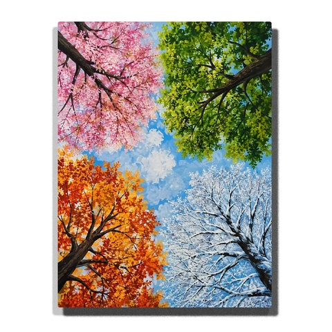 Four Seasons Landscape Paint by Numbers For Adults featuring spring pink blossoms, green summer leaves, orange autumn foliage and snowy winter tree branches around blue sky