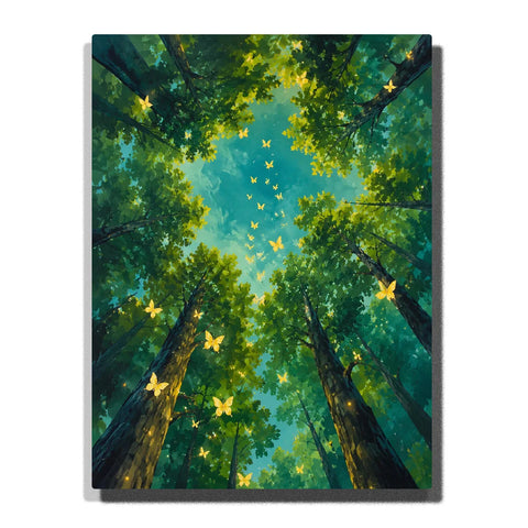Paint by Numbers artwork looking up through a green forest canopy, with golden butterflies between tall dark trunks beneath a turquoise sky.