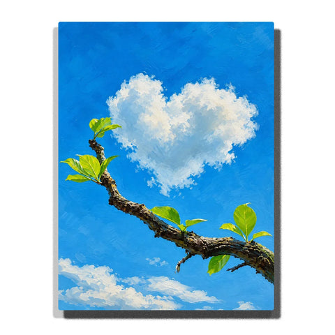 Paint by numbers heart-shaped white cloud floating in a bright blue sky above a leafy tree branch, creating a peaceful nature scene with a romantic touch.