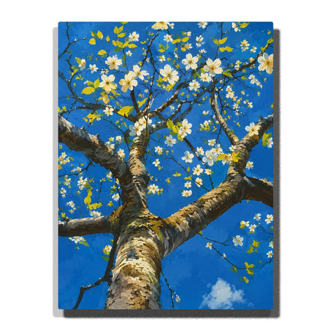 Flowering Tree Landscape Paint by Numbers For Adults featuring upward view of textured tree branches covered with white spring blossoms and yellow green leaves against vivid blue sky