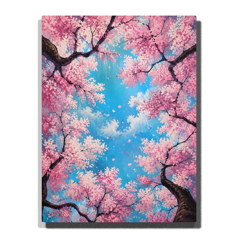 Cherry Blossom Paint by Numbers For Adults featuring upward view through pink flowering tree canopy with dark twisting branches, drifting petals, blue sky and soft white clouds