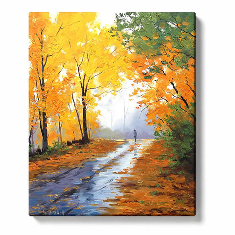 Graham Gercken inspired autumn landscape Paint by Numbers For Adults featuring golden forest trees, orange fallen leaves, reflective wet path, mist and solitary walking figure
