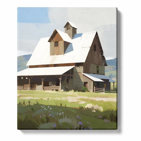 Sunlit White-Roof Barn in Meadow Paint by Numbers Kit for Adults