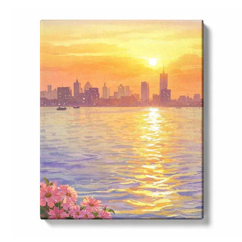 Golden River Sunset with Distant City Silhouette Paint by Numbers Kit for Adults