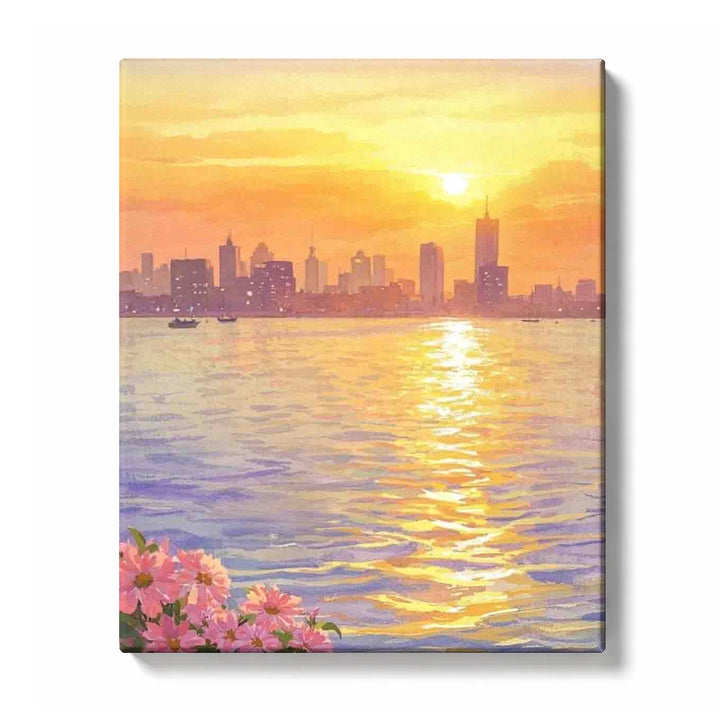 Golden River Sunset with Distant City Silhouette Paint by Numbers Kit for Adults