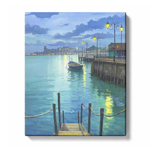 Wooden Pier Steps toward a Lantern-Lit Harbor Boat Paint by Numbers Kit for Adults
