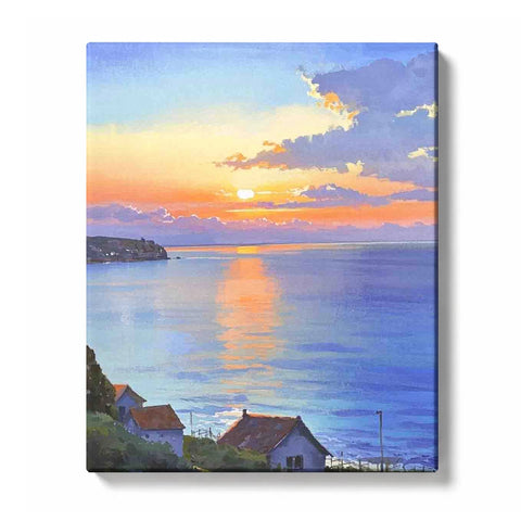 Coastal Village Sunset above a Blue Sea Horizon Paint by Numbers Kit for Adults
