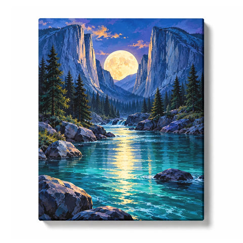 Moonrise River and Granite Cliffs Paint by Numbers Kit