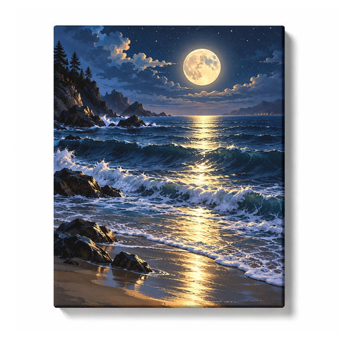 Starlit Wave Path across a Midnight Blue Sea Paint by Numbers Kit for Adults