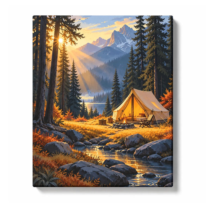 Sunlit Canvas Tent in an Amber Pine Clearing Paint by Numbers Kit for Adults