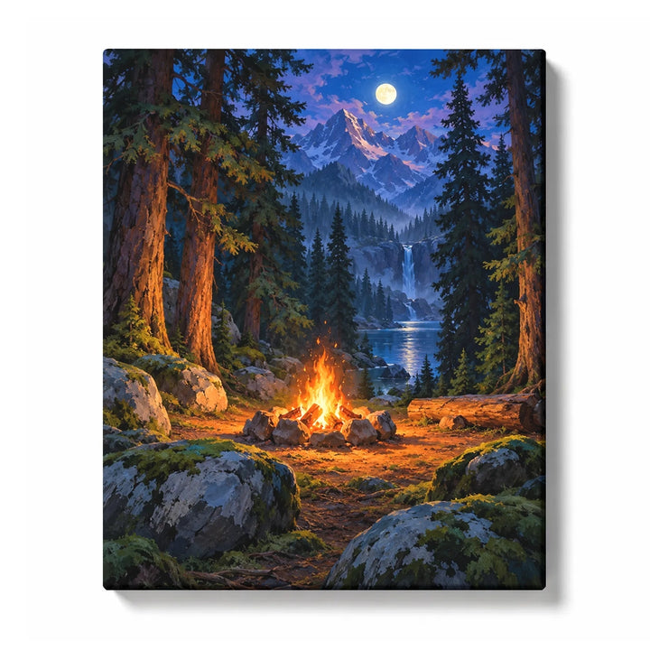Campfire Glow in a Deep Pine Forest Clearing Paint by Numbers Kit for Adults