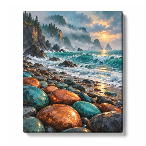 Copper Pebble Shore beneath a Teal Coastal Mist Paint by Numbers Kit for Adults