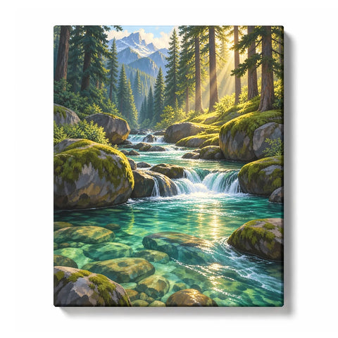 Emerald Forest Stream beneath a Sunlit Pine Clearing Paint by Numbers Kit for Adults