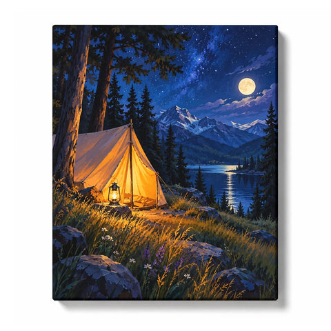 Lantern-Lit Canvas Tent beneath a Midnight Blue Canopy Paint by Numbers Kit for Adults