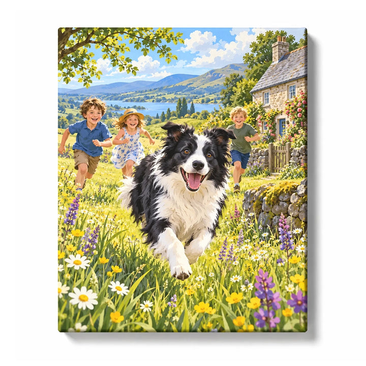 Black and White Dog Running through Sunny Meadow with Children Paint by Numbers Kit For Adults