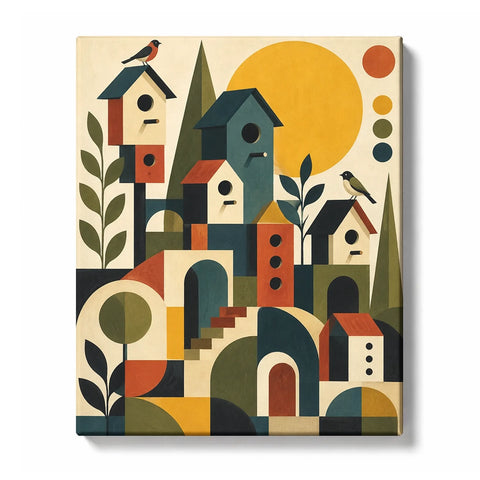 Geometric Birdhouse Village with Yellow Sun Paint by Numbers Kit For Beginners