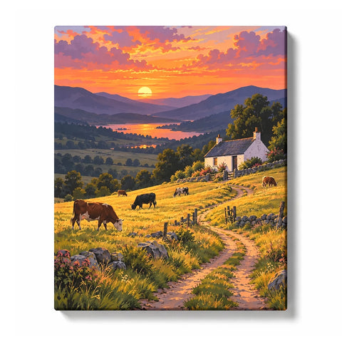Hillside Cottage Meadow with Grazing Cattle at Sunset Paint by Numbers Kit For Adults