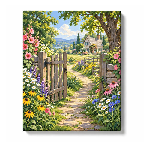 Garden Gate Path with Wildflowers and Cottage View Paint by Numbers Kit For Adults