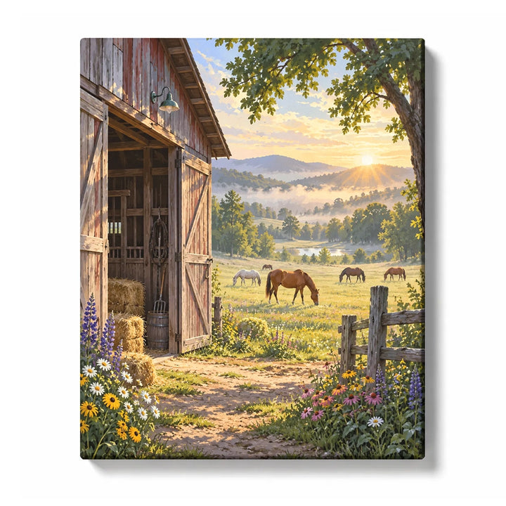 Rustic Barn Meadow with Grazing Horses Paint by Numbers Kit For Adults
