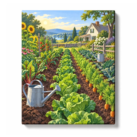 Vegetable Garden Rows with Watering Cans and Farmhouse Paint by Numbers Kit For Adults