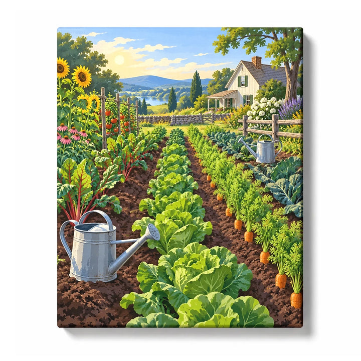 Vegetable Garden Rows with Watering Cans and Farmhouse Paint by Numbers Kit For Adults