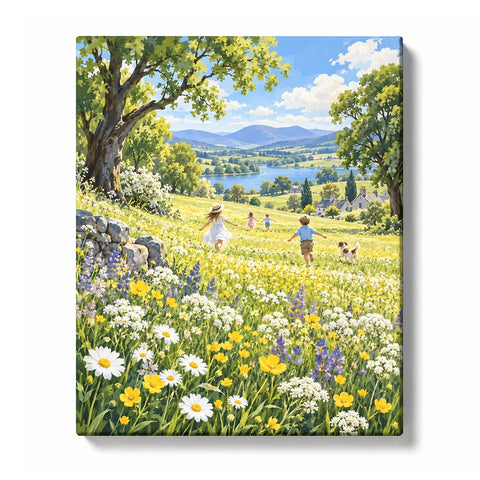 Wildflower Meadow with Children Playing in Countryside Paint by Numbers Kit For Adults
