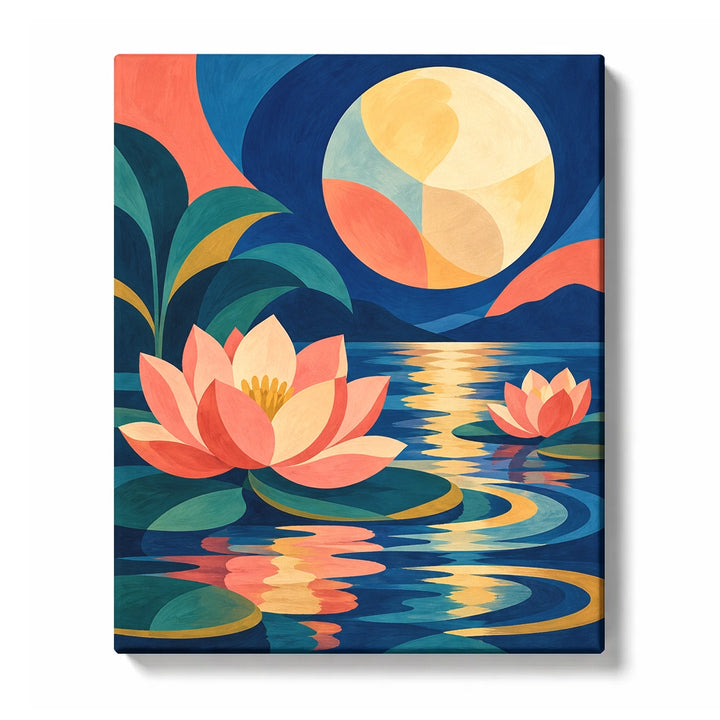 Moonlit Lotus Before a Distant Pagoda Paint by Numbers Kit for Adults