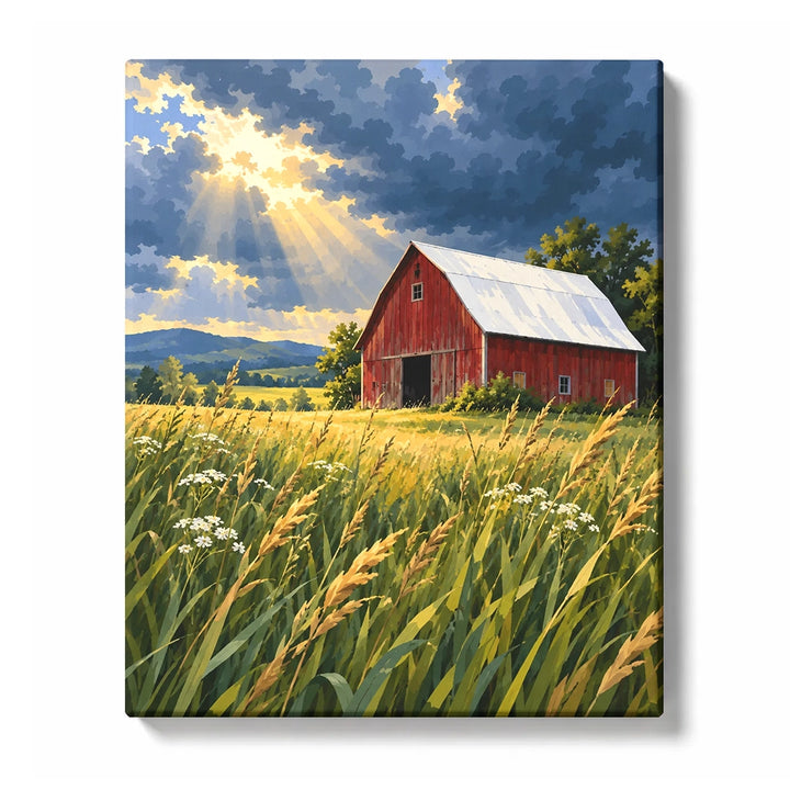 Weathered Barn beside a Golden Meadow Path paint by numbers design