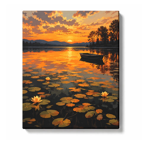 Amber Lily Lake with a Dark Boat at Sundown
